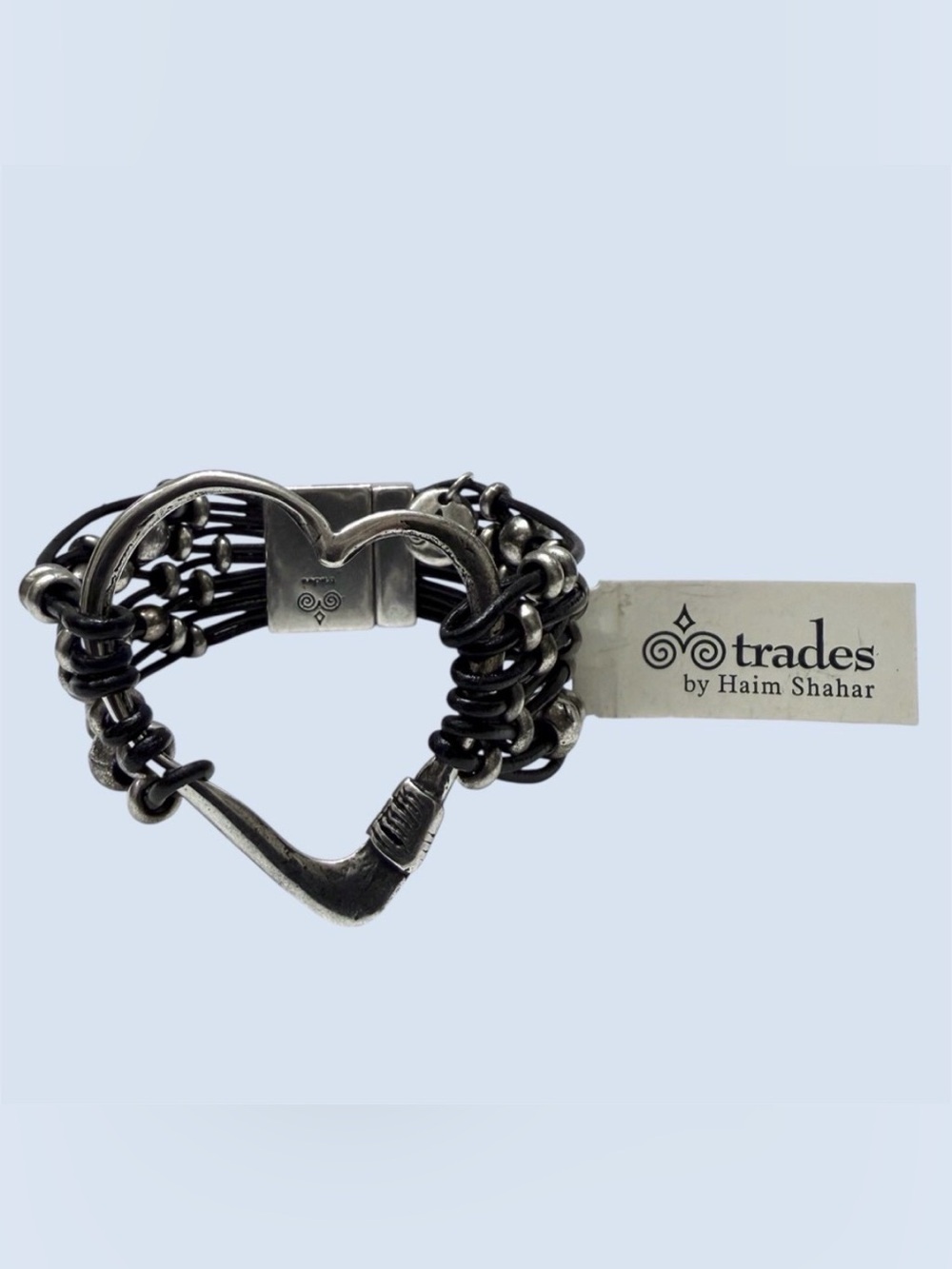 Trades by Haim Shahar Handmade Silver Heart Strappy Spanish Leather Bracelet